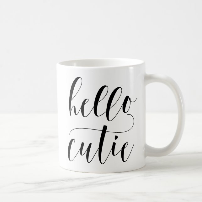 Hello Cutie Modern Calligraphy | Black Typography Coffee Mug (Right)