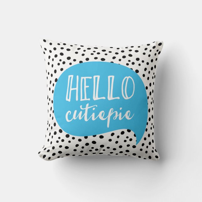 Hello Cutiepie blue black polka dot spotty pillow (Front)