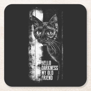 Hello Darkness My Old Friend Black Cat Sketch Square Paper Coaster