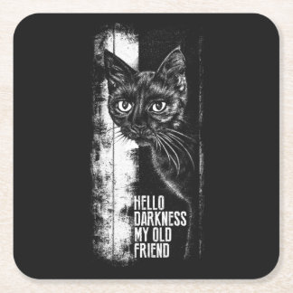 Hello Darkness My Old Friend Black Cat Sketch Square Paper Coaster