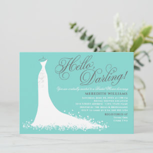 Hello Darling Aqua Blue Wedding Gown Bridal Shower Invitation