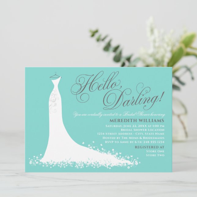 Hello Darling Aqua Blue Wedding Gown Bridal Shower Invitation (Standing Front)
