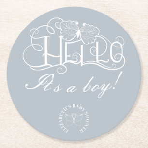 Hello decorative script baby shower dusty blue round paper coaster