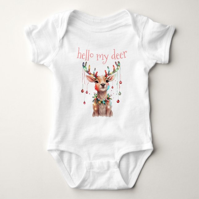 Hello Deer Whimsy Reindeer and Christmas Lights Baby Bodysuit (Front)