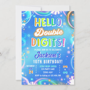 Hello Double Digits Neon Glow Boy 10th Birthday Invitation