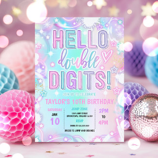 Hello Double Digits Tie Dye Neon 10th Birthday Invitation