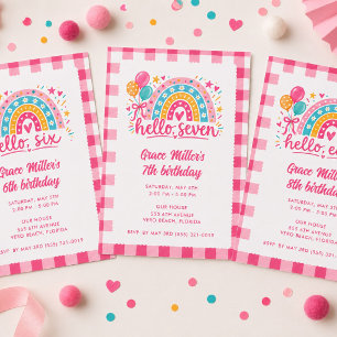 Hello Eight Girl's Gingham Rainbow Birthday Party  Invitation