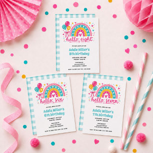 Hello Eight Girl's Rainbow 8th Birthday Party Invitation