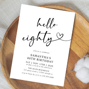 Hello Eighty Black and White 80th Birthday Party Invitation