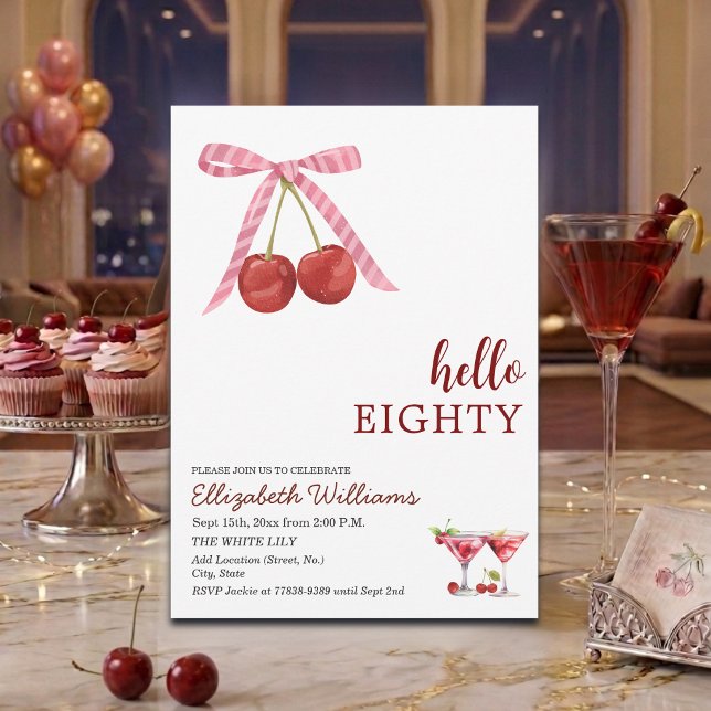 Hello Eighty Cherry Martini Birthday Party Invitation (Creator Uploaded)