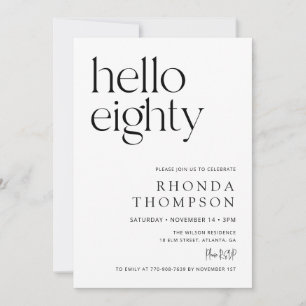 Hello Eighty Classic Simple 80th Birthday Invitation