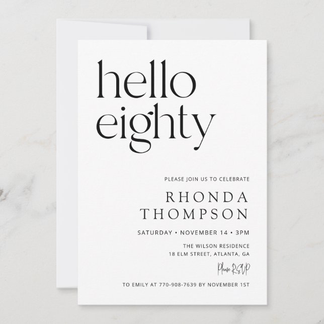 Hello Eighty Classic Simple 80th Birthday Invitation (Front)
