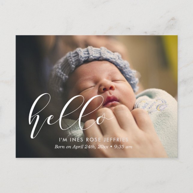 Hello Elegant birth announcement photo Postcard (Front)