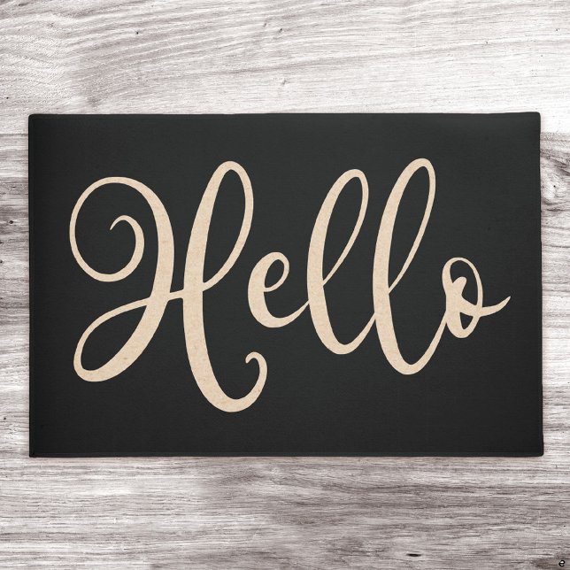 Hello elegant script black neutral light brown doormat (Creator Uploaded)