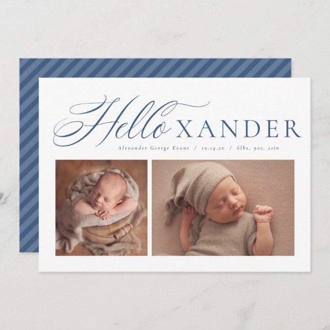 Hello elegant script two photo navy blue boy birth announcement (Front/Back)