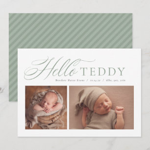 Hello elegant script two photo sage green birth announcement