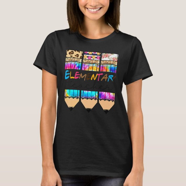 Hello Elementary Leopard Tie Dye Pencil  Cute Teac T-Shirt (Front)