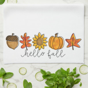 Hello Fall Acorn Sunflower Leaves & Pumpkin Tea Towel