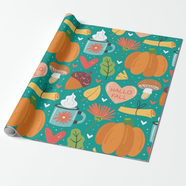 Hello Fall Adorable nature pattern Pumpkins Blue Wrapping Paper (Unrolled)