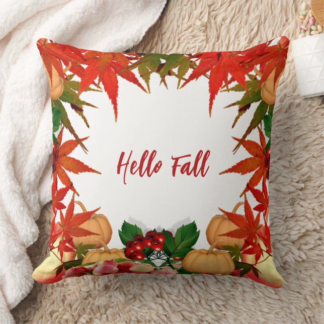 Hello Fall Autumn Colours Pumpkin Maple Leaves  Cushion (Blanket)