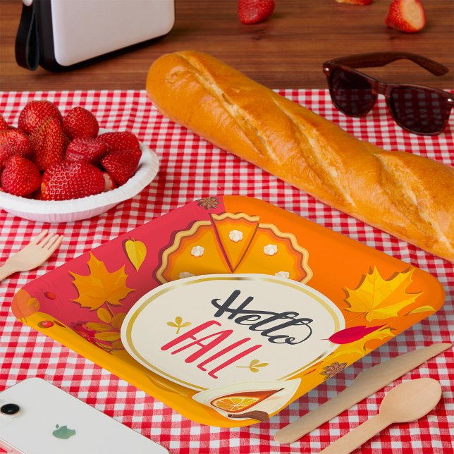 Hello Fall Autumn Leaves and Pumpkin Pie  Paper Plate (Creator Uploaded)