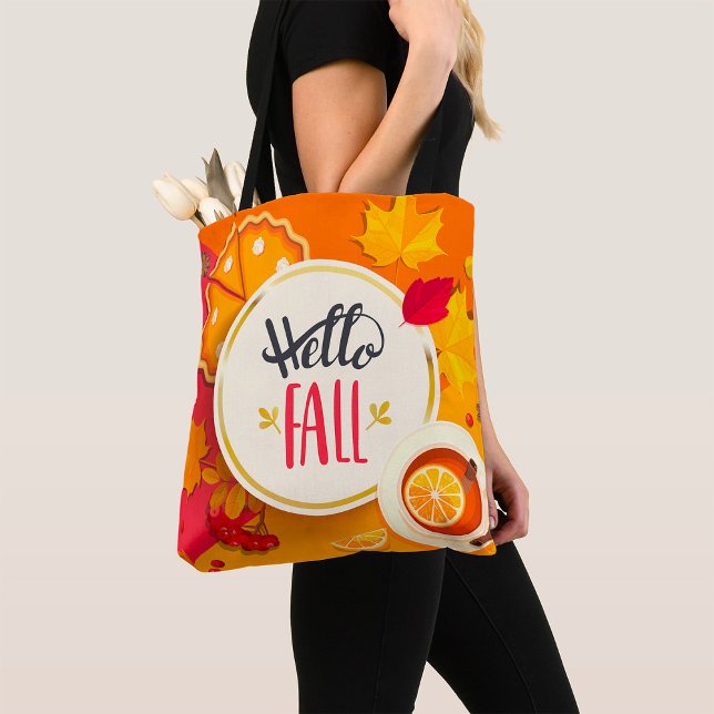 Hello Fall Autumn Leaves and Pumpkin Pie  Tote Bag (Creator Uploaded)