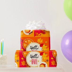 Hello Fall Autumn Leaves and Pumpkin Pie  Wrapping Paper