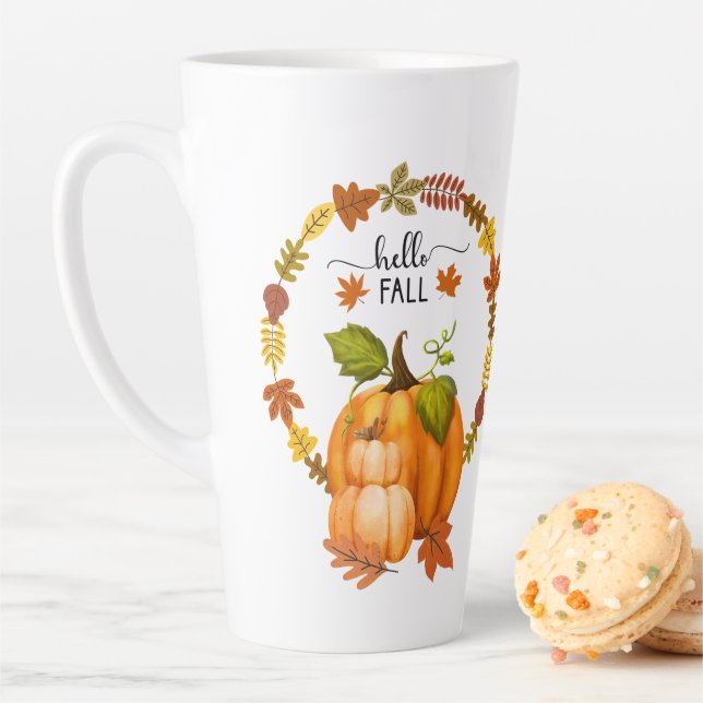 Hello Fall Autumn Leaves and Pumpkins Ceramic Latte Mug (In Situ)