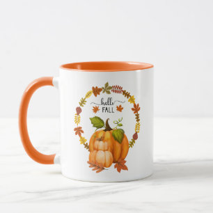 Hello Fall Autumn Leaves and Pumpkins Ceramic Mug