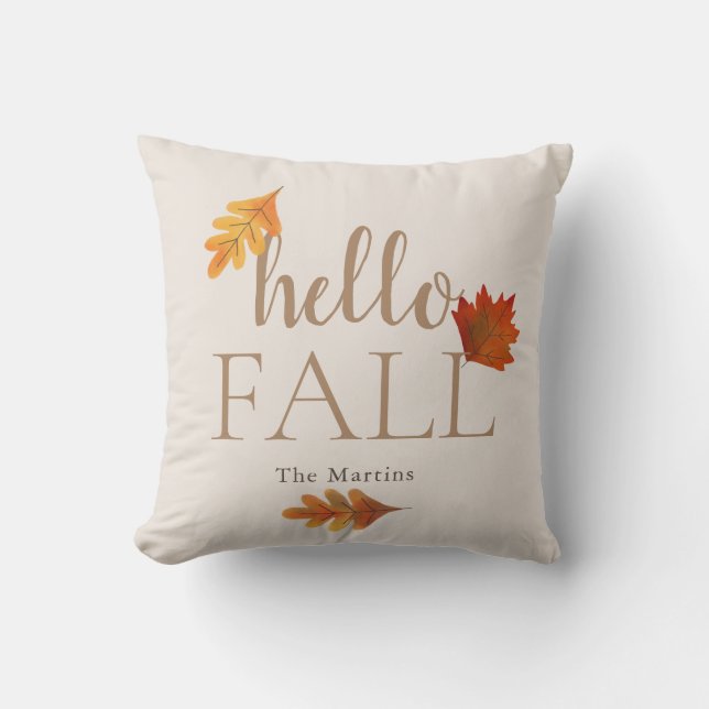 Hello Fall Autumn Leaves Beige Cushion (Front)