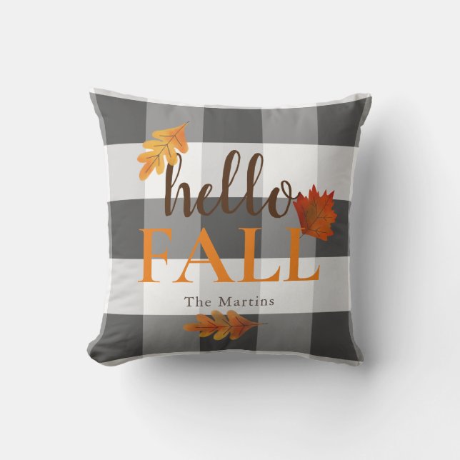 Hello Fall Autumn Leaves Black Cushion (Front)
