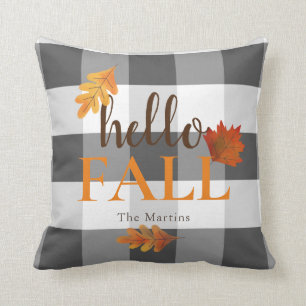 Hello Fall Autumn Leaves Black Cushion