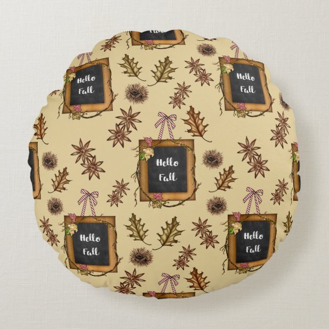 Hello Fall – Autumn Leaves Pattern for Cosy Season Round Cushion (Front)