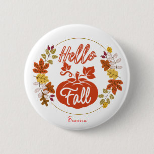 Hello Fall Autumn Leaves Pumpkin Thanksgiving Name 6 Cm Round Badge
