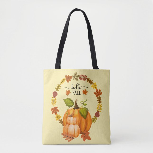 Hello Fall Autumn Leaves Pumpkins All Over Tote Bag (Front)