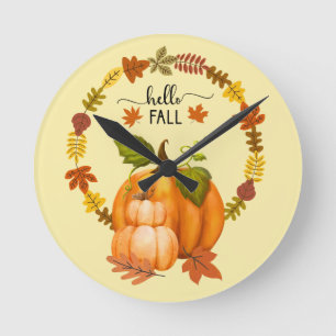 Hello Fall Autumn Leaves Pumpkins Wall Clock
