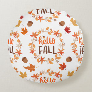 Hello Fall Autumn Leaves Seamless Pattern Round Cushion