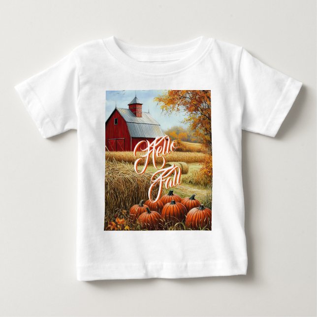 Hello Fall Autumn Thanksgiving Rural Barn Pumpkins Baby T-Shirt (Front)