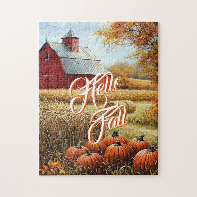 Hello Fall Autumn Thanksgiving Rural Barn Pumpkins Jigsaw Puzzle (Vertical)