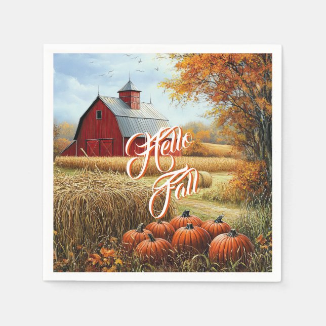 Hello Fall Autumn Thanksgiving Rural Barn Pumpkins Napkin (Front)