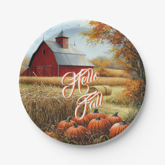 Hello Fall Autumn Thanksgiving Rural Barn Pumpkins Paper Plate