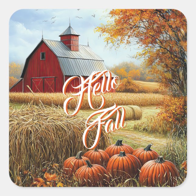 Hello Fall Autumn Thanksgiving Rural Barn Pumpkins Square Sticker (Front)