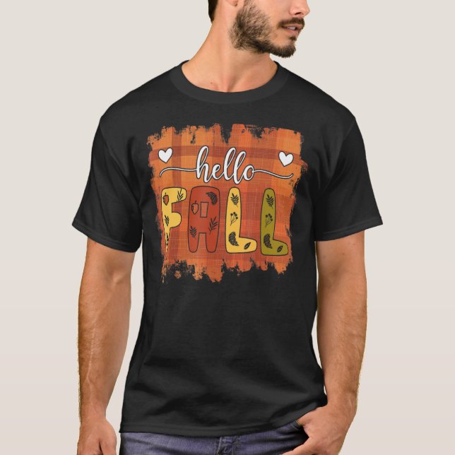 Hello Fall Autumn Vibes Cute Fall Plaid Leaves Pat T-Shirt (Front)