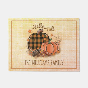 Hello Fall Buffalo Plaid Pumpkins Family Name Doormat