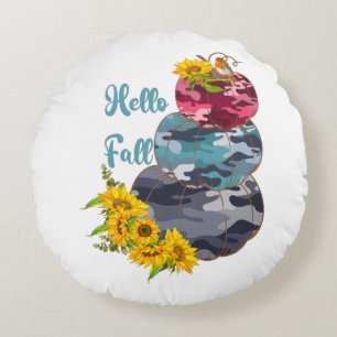 Hello Fall – Camouflage Pumpkins & Sunflowers Round Cushion