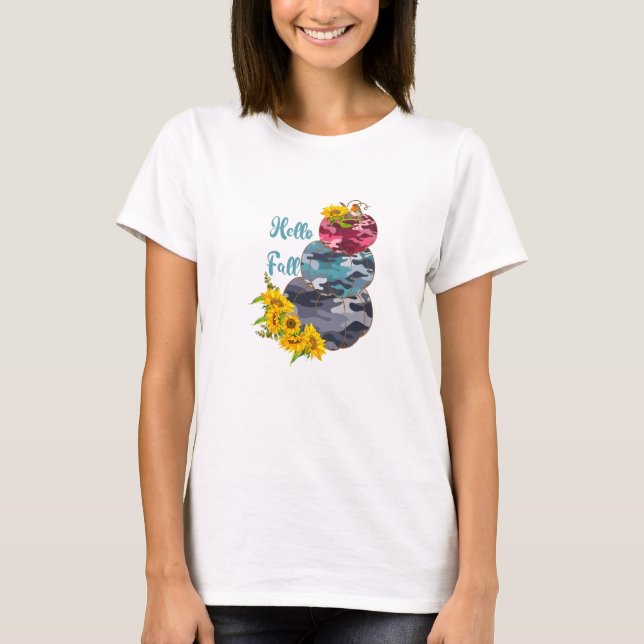 Hello Fall – Camouflage Pumpkins & Sunflowers T-Shirt (Front)