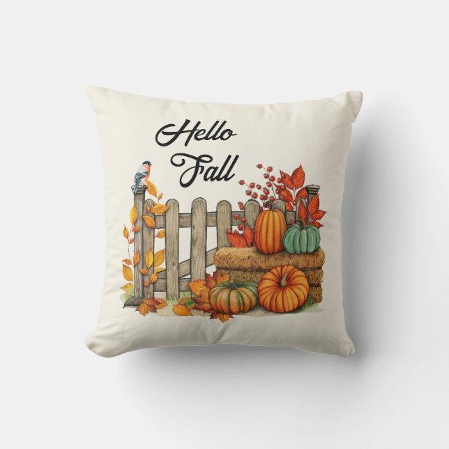 Hello Fall Cute Farmhouse Autumn Accent  Cushion (Front)