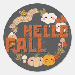 Hello Fall Cute Nature Autumn leaves Pumpkins Classic Round Sticker