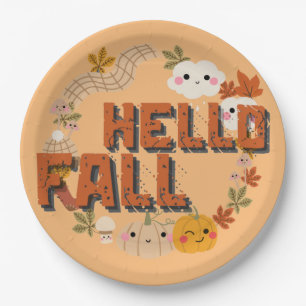 Hello Fall Cute Nature Autumn leaves Pumpkins Paper Plate
