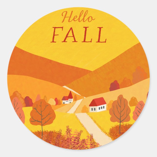 Hello Fall Cute Rustic Autumn Landscape Classic Round Sticker (Front)